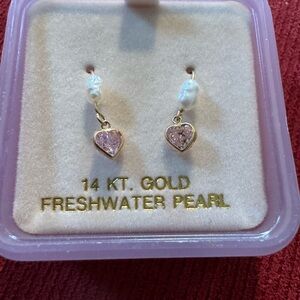 Elegant Gold Earrings with Freshwater Pearls & Pink Heart Charms